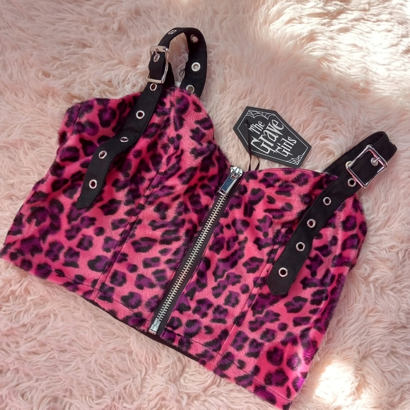 Dolls Kill Tops - Bondage strap zip-up dolls kill Grave Girls fuzzy pink&black cheetah print crop!